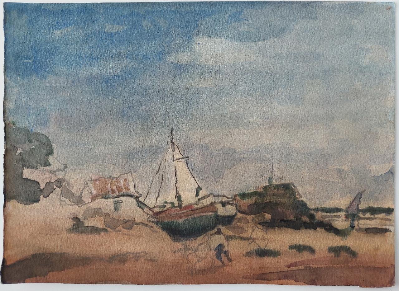 French Modernist Cubist Painting Fishing Boats on Rocky Coast For Sale 3