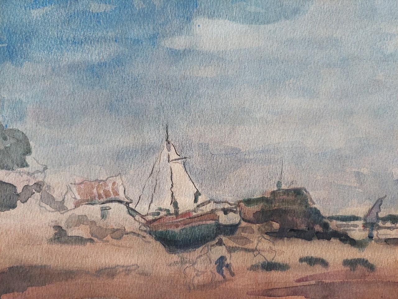 French Modernist Cubist Painting Fishing Boats on Rocky Coast For Sale 4