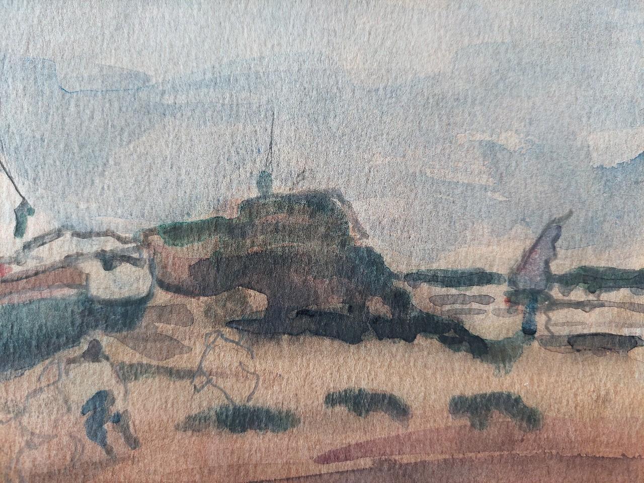 French Modernist Cubist Painting Fishing Boats on Rocky Coast For Sale 5