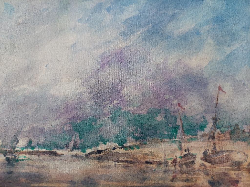 Fishing Boats on the beach
by Maurice Mazeilie (French, 1924-2021)
Watercolor painting on artist paper, unframed
unsigned
Stamped verso
Double sided with street scene verso

Measures: Painting: 14 inches x 9.75 inches

A delightful original painting