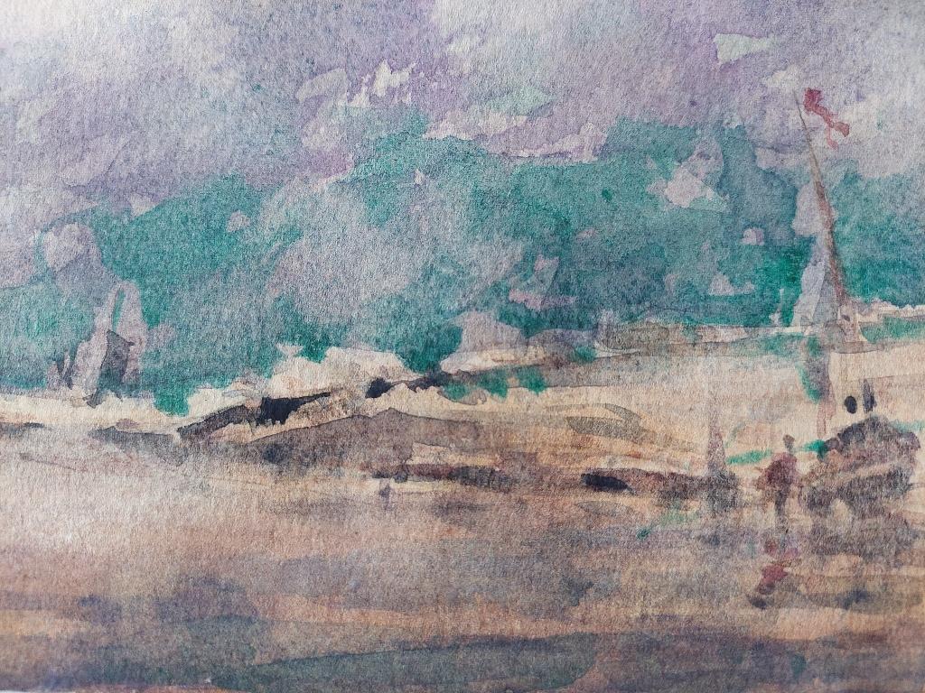 French Modernist Cubist Painting Fishing Boats on the Beach For Sale 3