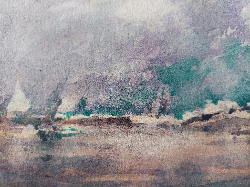 French Modernist Cubist Painting Fishing Boats on the Beach For Sale 4