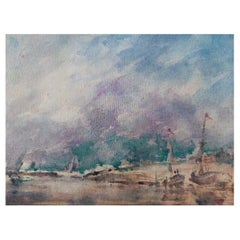 French Modernist Cubist Painting Fishing Boats on the Beach