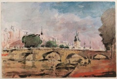 French Modernist Cubist Painting Paris Bridge on River Seine