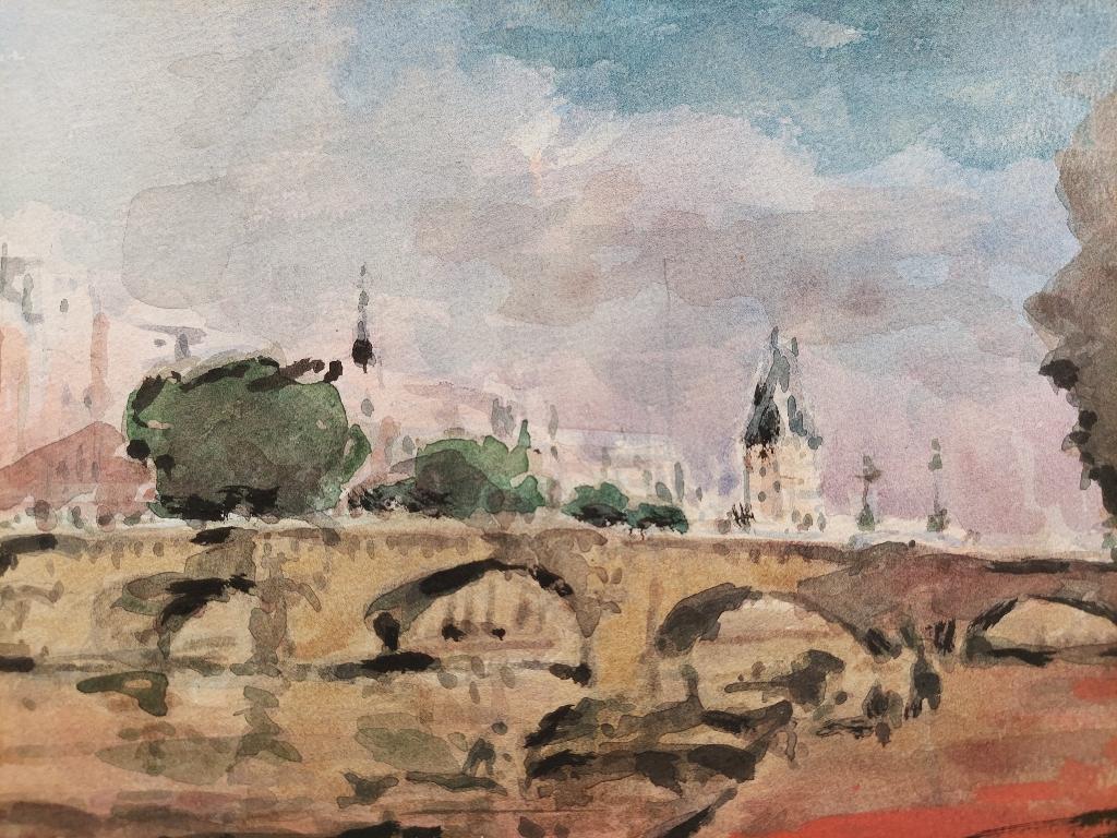 Paris bridge on River Seine
by Maurice Mazeilie (French, 1924-2021)
watercolor painting on artist paper, unframed
unsigned
stamped verso

painting: 7 inches x 10.5 inches

A delightful original painting by the 20th century French Impressionist