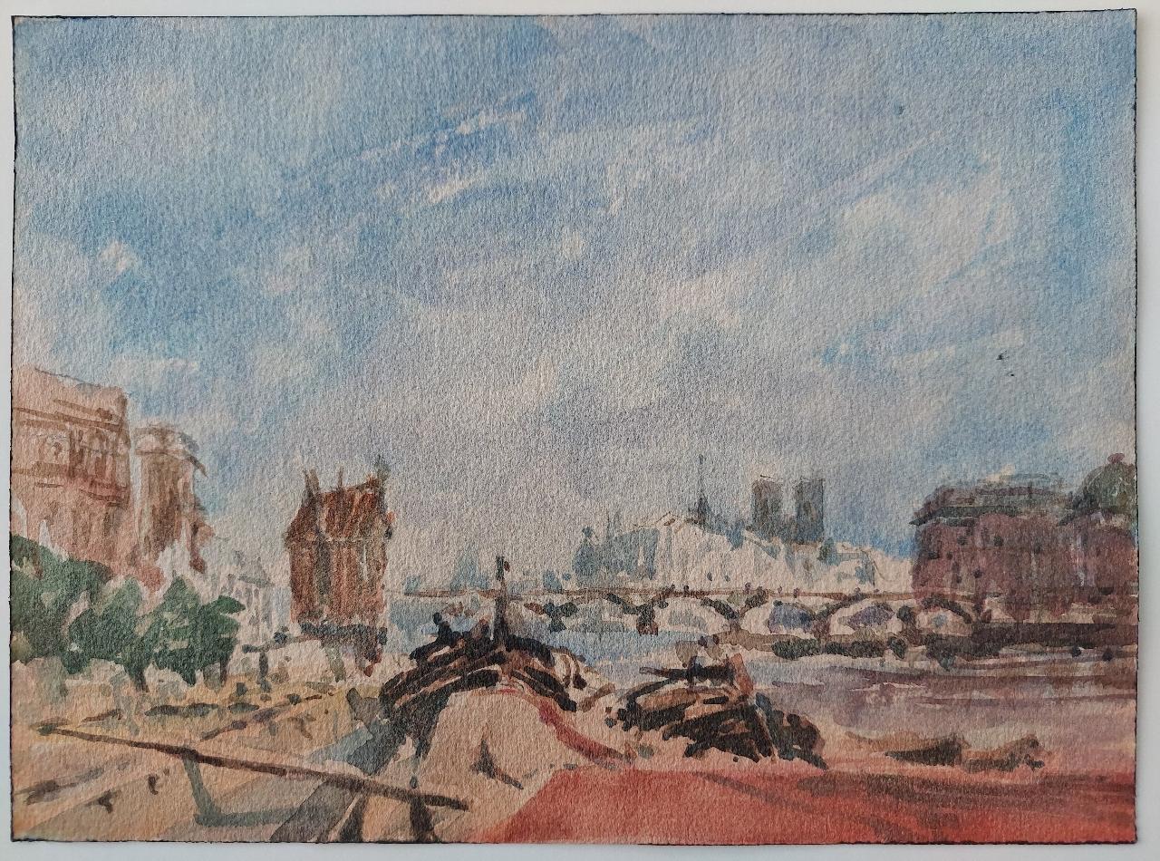 French Modernist Cubist Painting Paris River Seine Barges - Gray Landscape Painting by Maurice Mazeilie