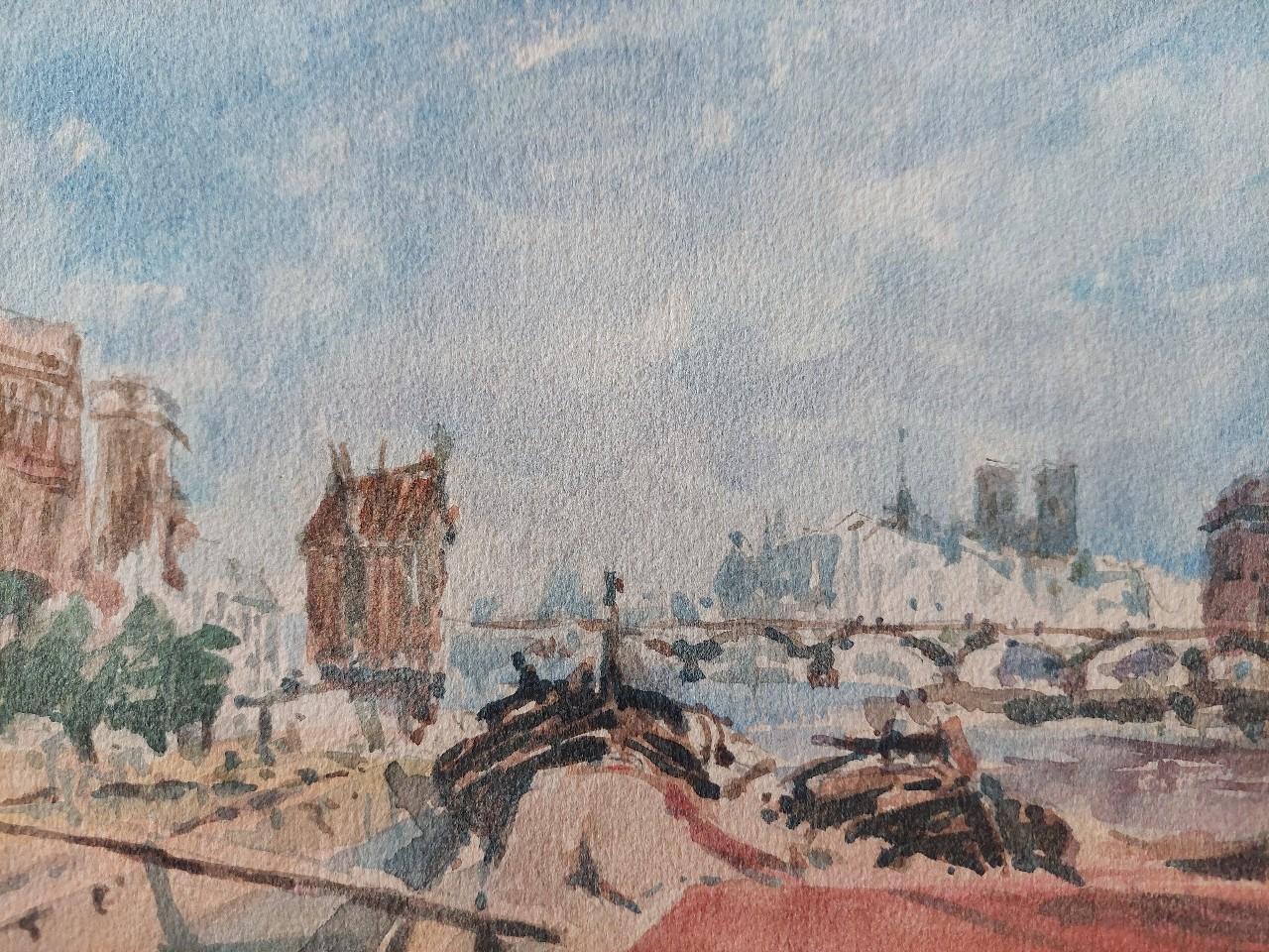 Paris, the River Seine, working barges and figures
by Maurice Mazeilie (French, 1924-2021)
Watercolor painting on artist paper, unframed
Unsigned
Stamped verso


painting: 11.75 inches x 8.75 inches

A delightful original painting by the 20th