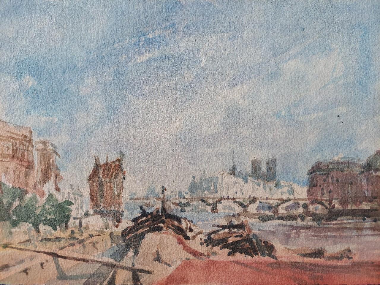 French Modernist Cubist Painting Paris River Seine Barges For Sale 1