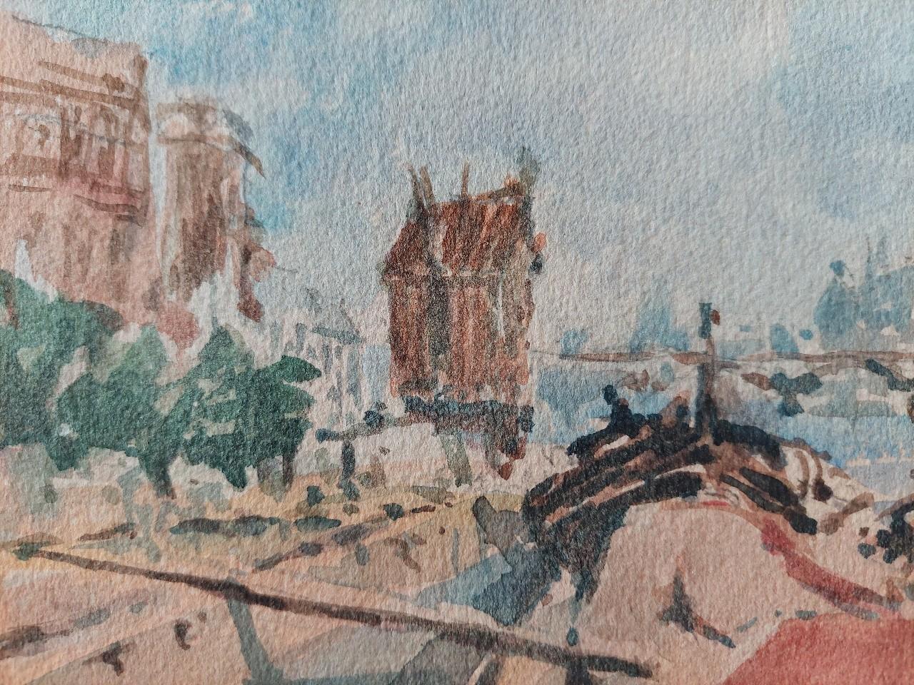 French Modernist Cubist Painting Paris River Seine Barges For Sale 2