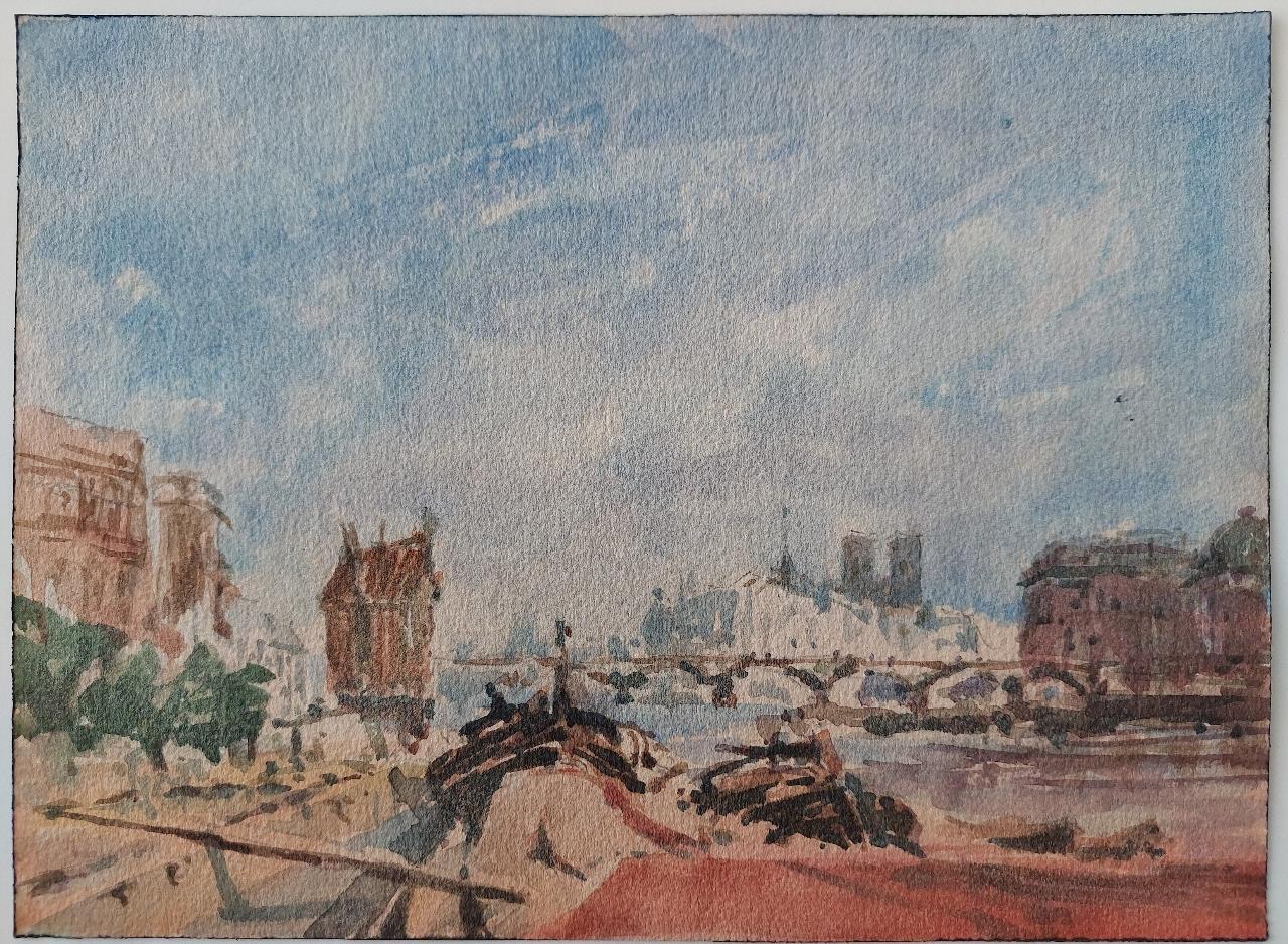 French Modernist Cubist Painting Paris River Seine Barges For Sale 6