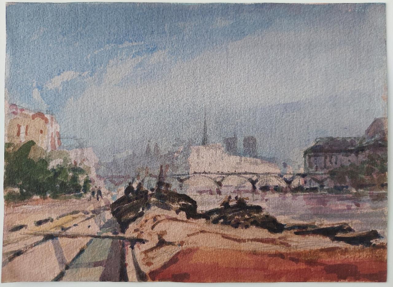 French Modernist Cubist Painting Parisian Panorama of the Seine - Gray Landscape Painting by Maurice Mazeilie