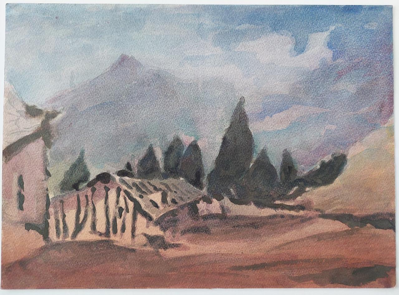 French Modernist Cubist Painting Provence Mountains - Gray Landscape Painting by Maurice Mazeilie