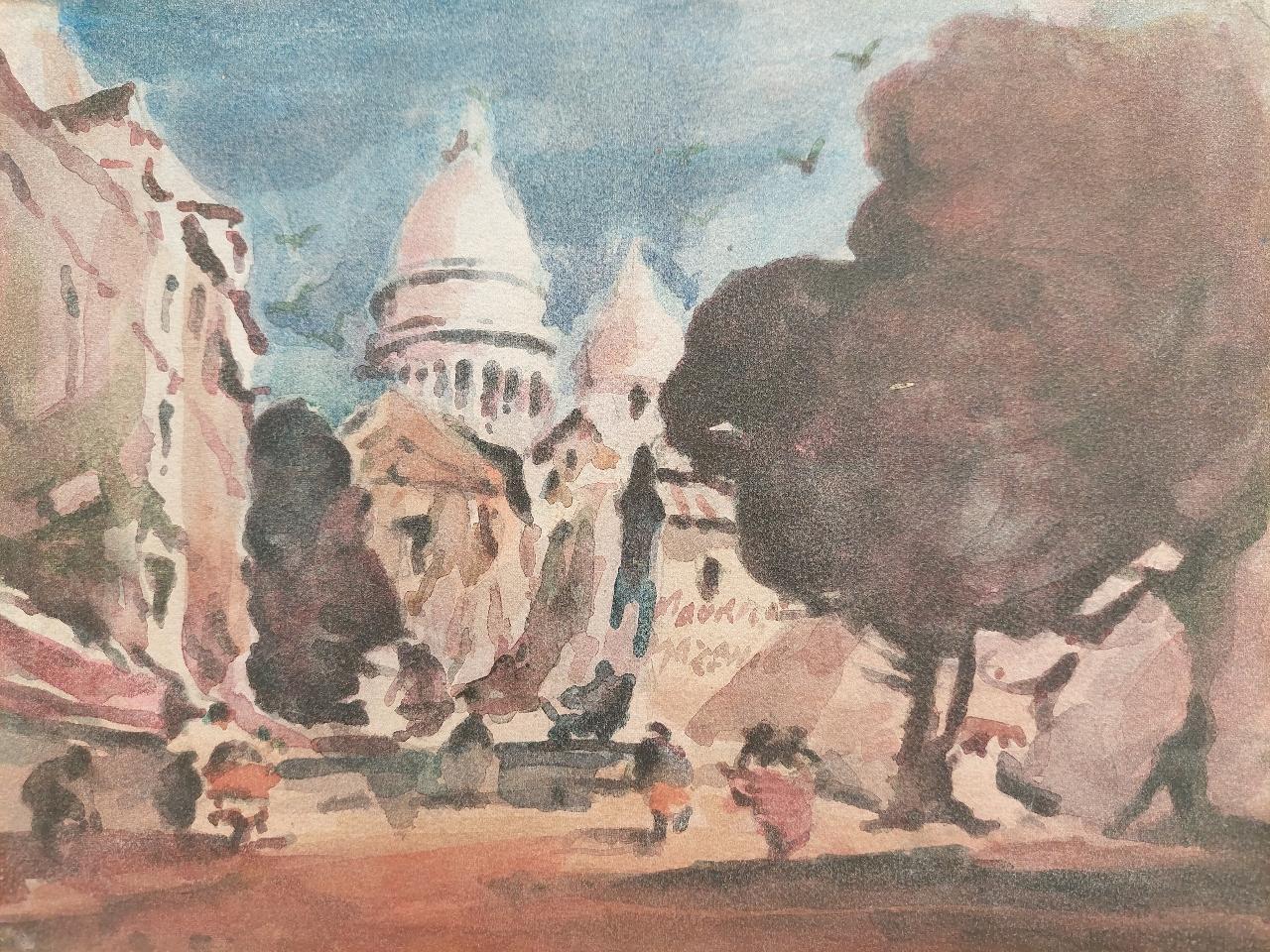 Sacre Coeur, Montmartre, Paris
by Maurice Mazeilie (French, 1924-2021)
watercolor painting on artist paper, unframed
signed centrally (on the side of the building)
stamped verso
dated verso for 2013, so this was painted at the tail end of his