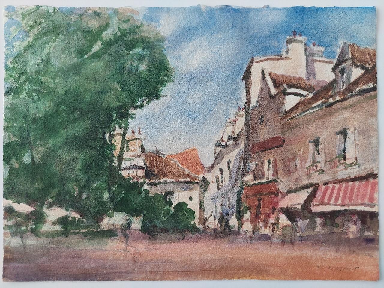 French Modernist Cubist Painting Summer Town Scene - Gray Landscape Painting by Maurice Mazeilie