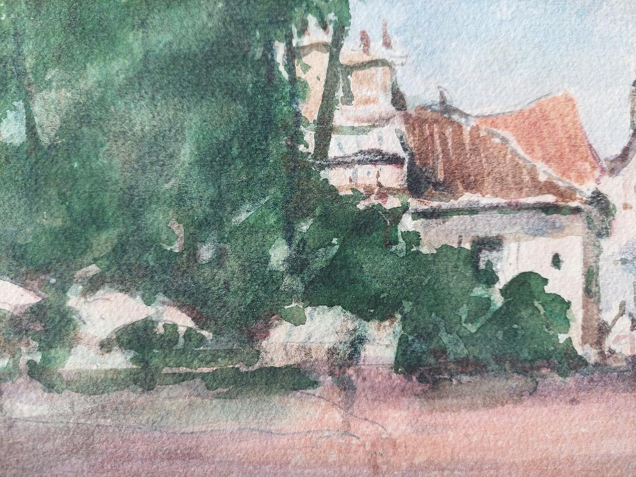 Summer Town Scene
by Maurice Mazeilie (French, 1924-2021)
watercolor painting on artist paper, unframed
signed lower right
stamped verso

painting: 14.75 inches x 10.75 inches

A delightful original painting by the 20th century French Impressionist