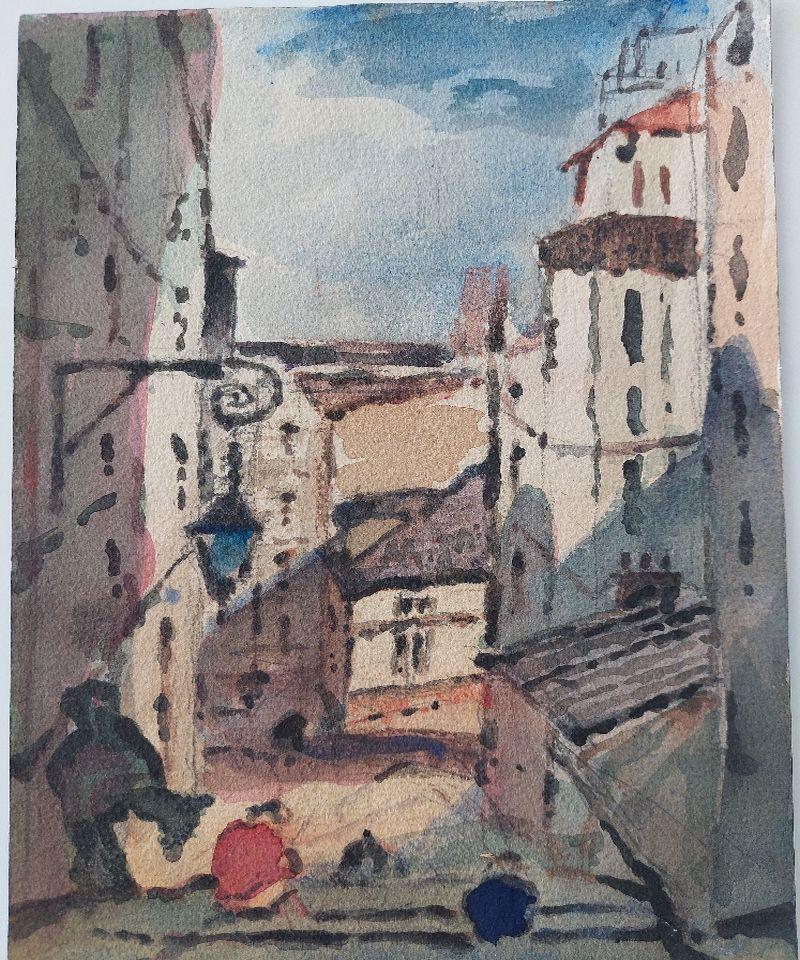 French Modernist Cubist Painting Town View to the Sea - Gray Landscape Painting by Maurice Mazeilie
