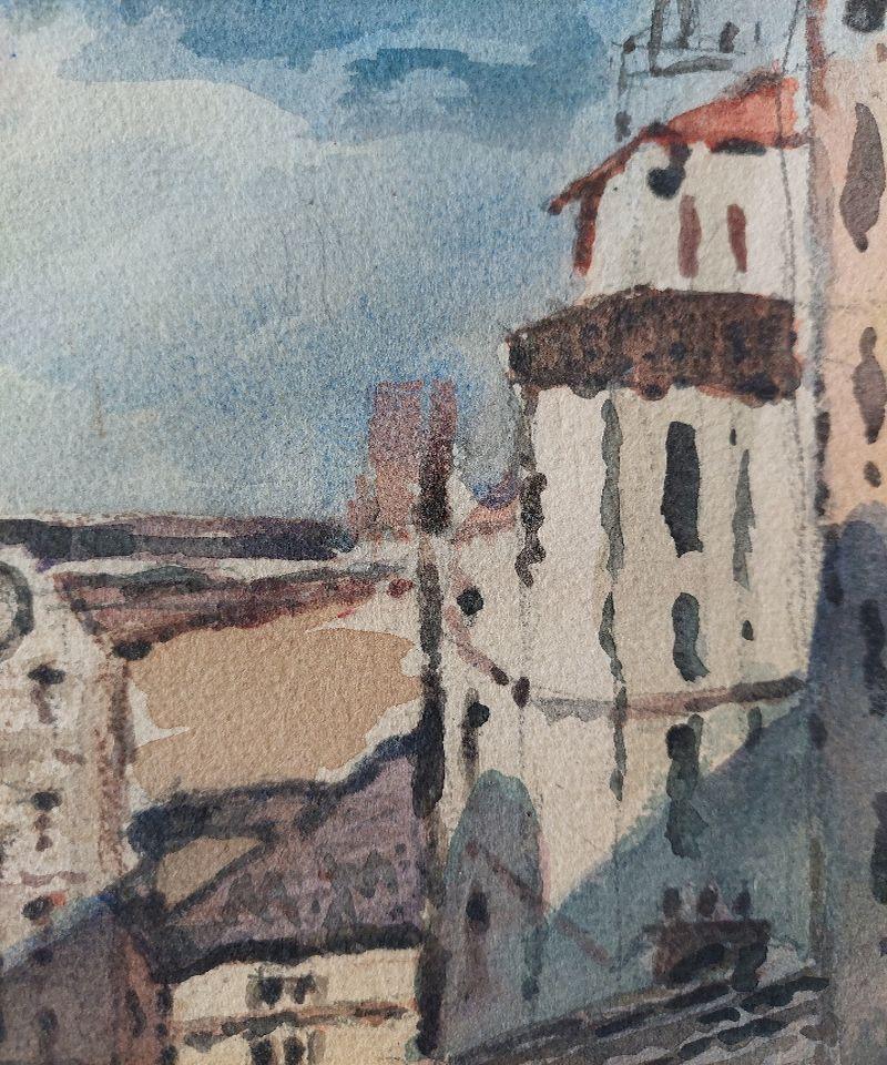 Town View to the sea, figures on steps.
by Maurice Mazeilie (French, 1924-2021).
watercolor painting on artist paper, unframed.
Unsigned
Stamped verso

Painting: 9 inches x 12 inches.

A delightful original painting by the 20th century French