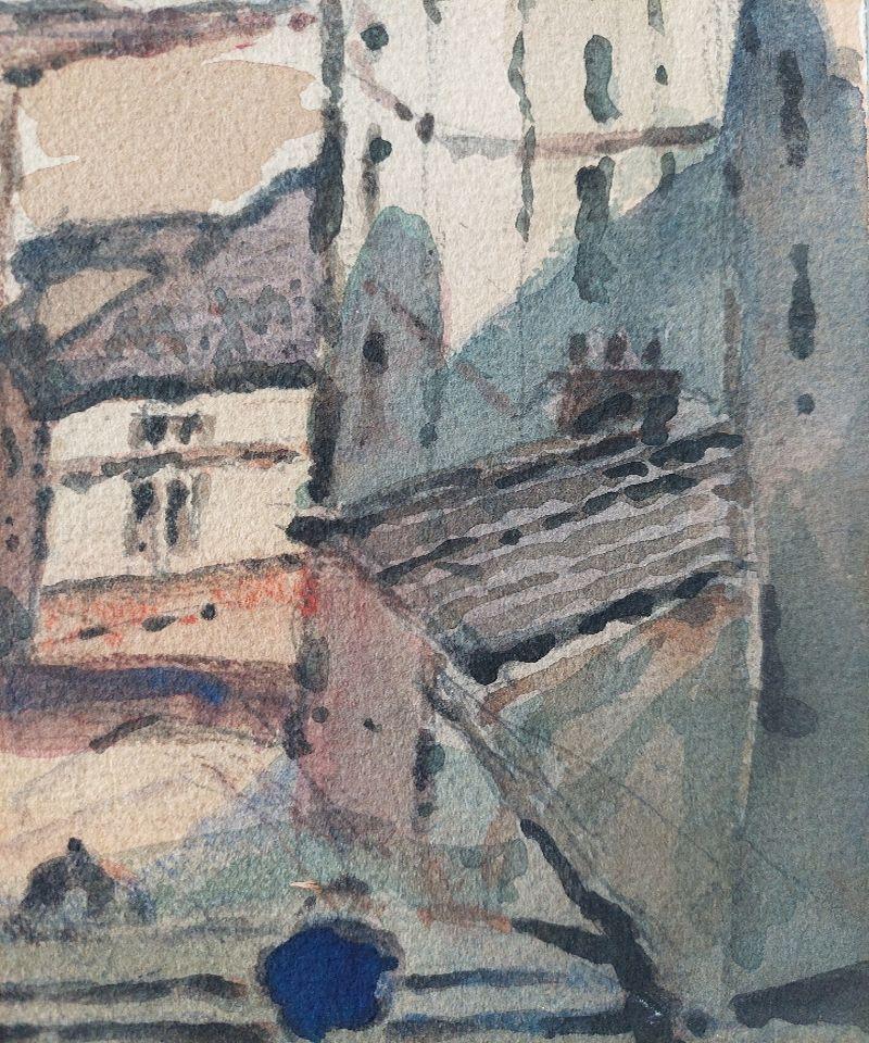 French Modernist Cubist Painting Town View to the Sea For Sale 1