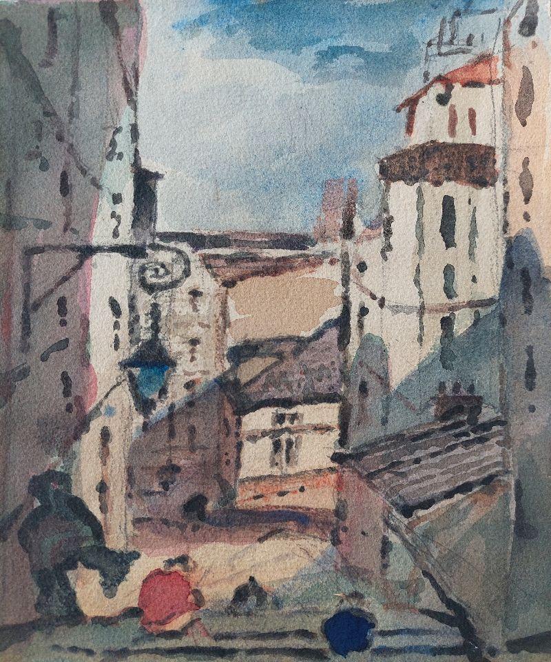French Modernist Cubist Painting Town View to the Sea For Sale 2