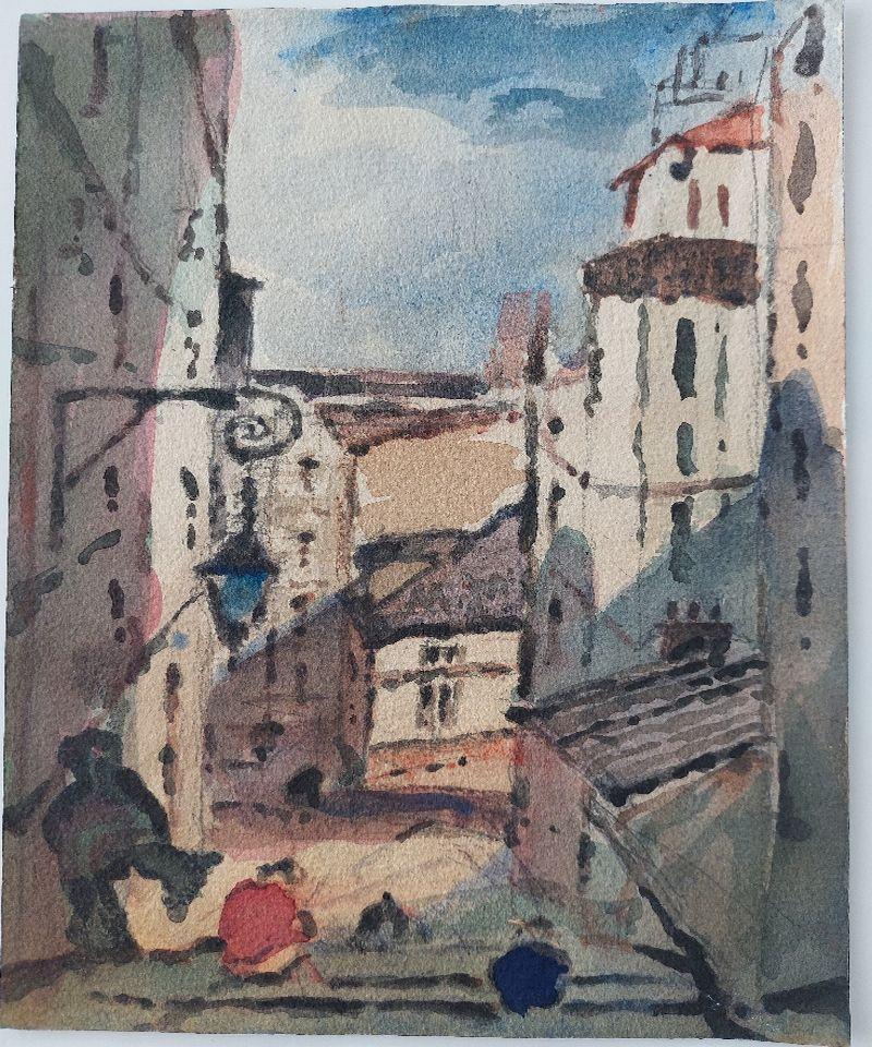 French Modernist Cubist Painting Town View to the Sea For Sale 3