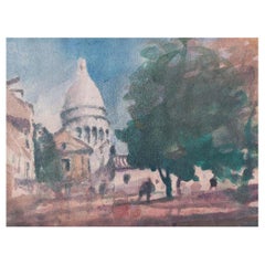 French Impressionist Watercolor Painting of Sacre Coeur Montmartre Paris