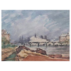French Modernist Cubist Painting River Seine Paris Watercolour