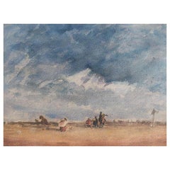 French Modernist Painting Figures Strolling On The Beach Watercolour Landscape