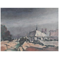 French Modernist Watercolour Landscape Painting Gloomy Storm Over Paris