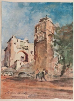 French Modernist Watercolour Painting Figures in Parisian Cityscape
