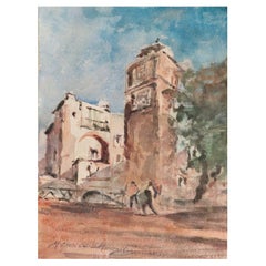 French Modernist Watercolour Painting Figures in Parisian Cityscape
