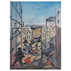 Pintura modernista francesa en acuarela: figuras bajando unas escaleras hacia el pueblo