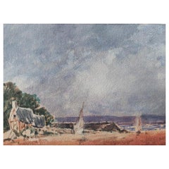 French Modernist Watercolour Painting Sailboats on the Village Coast