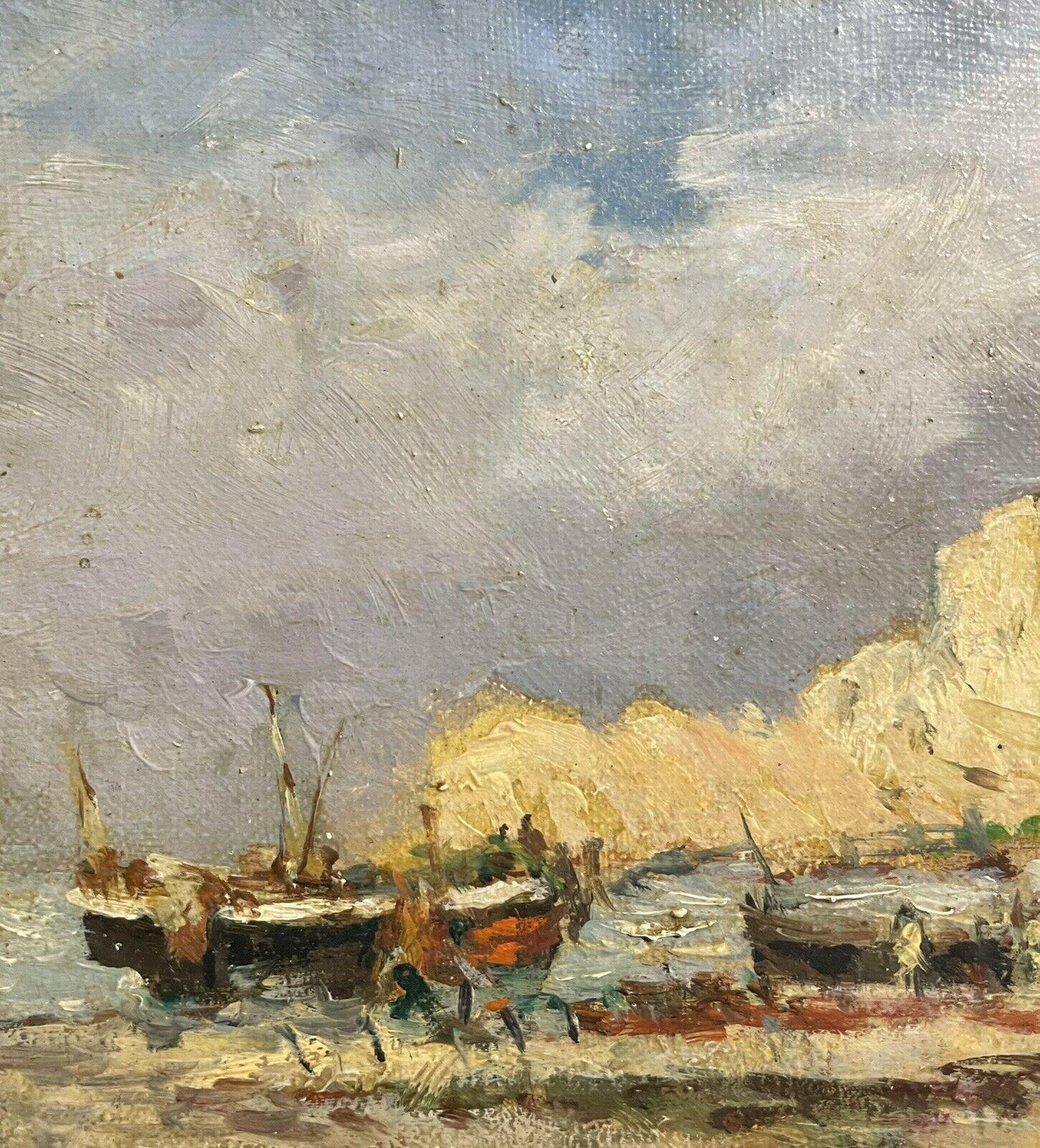 Maurice Mazeilie French Impressionist Oil, Busy Beach Coastal Fishing Boats In Good Condition For Sale In Cirencester, GB