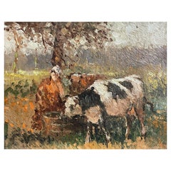Peinture à l'huile impressionniste française Maurice Mazeilie, sirène laiteuse avec bouteille dans un champ
