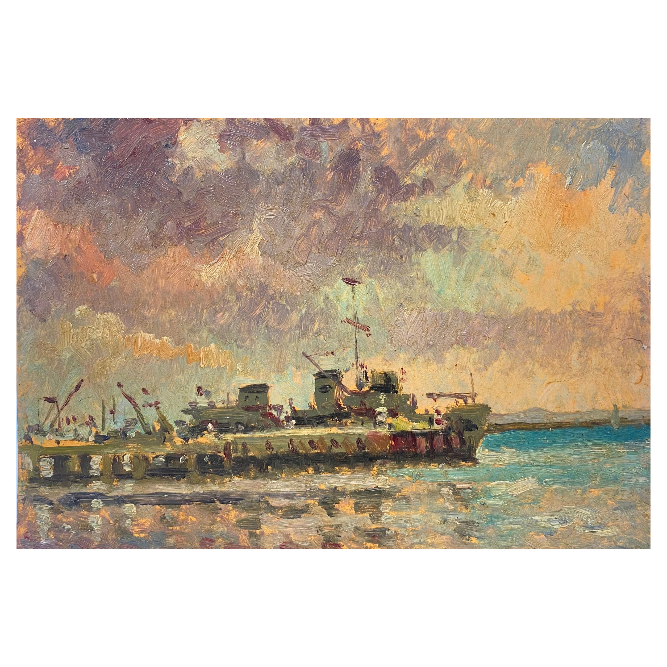 Französisches impressionistisches Ölgemälde, Shipping Harbour von Mazeilie im Angebot