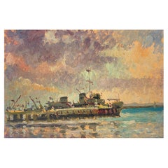 Französisches impressionistisches Ölgemälde, Shipping Harbour von Mazeilie