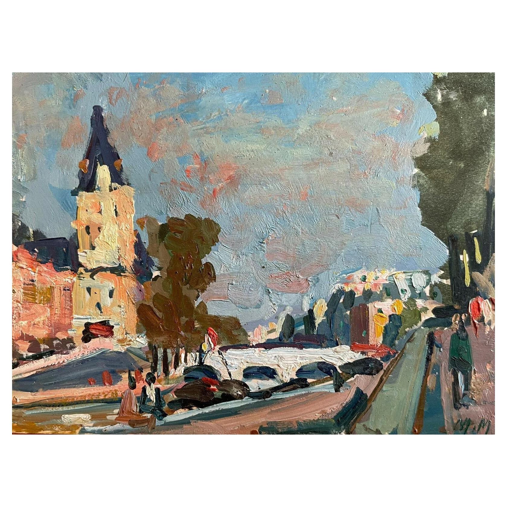 Huile signée de Maurice Mazeilie, impressionniste français, Vue de la rivière Seine à Paris