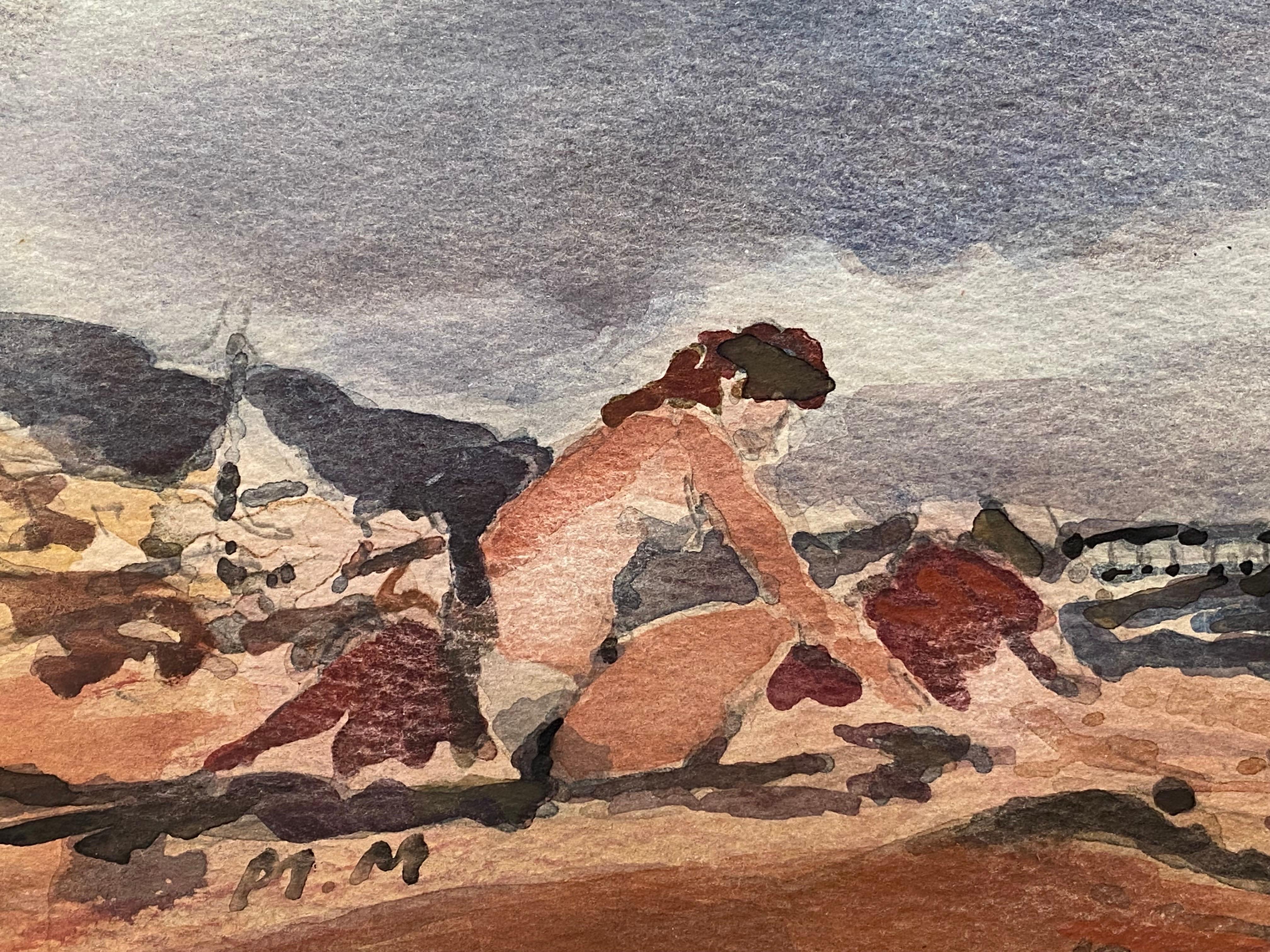 20ième siècle Aquarelle signée de Maurice Mazeilie, impressionniste français, Figure sur plage nuageuse en vente