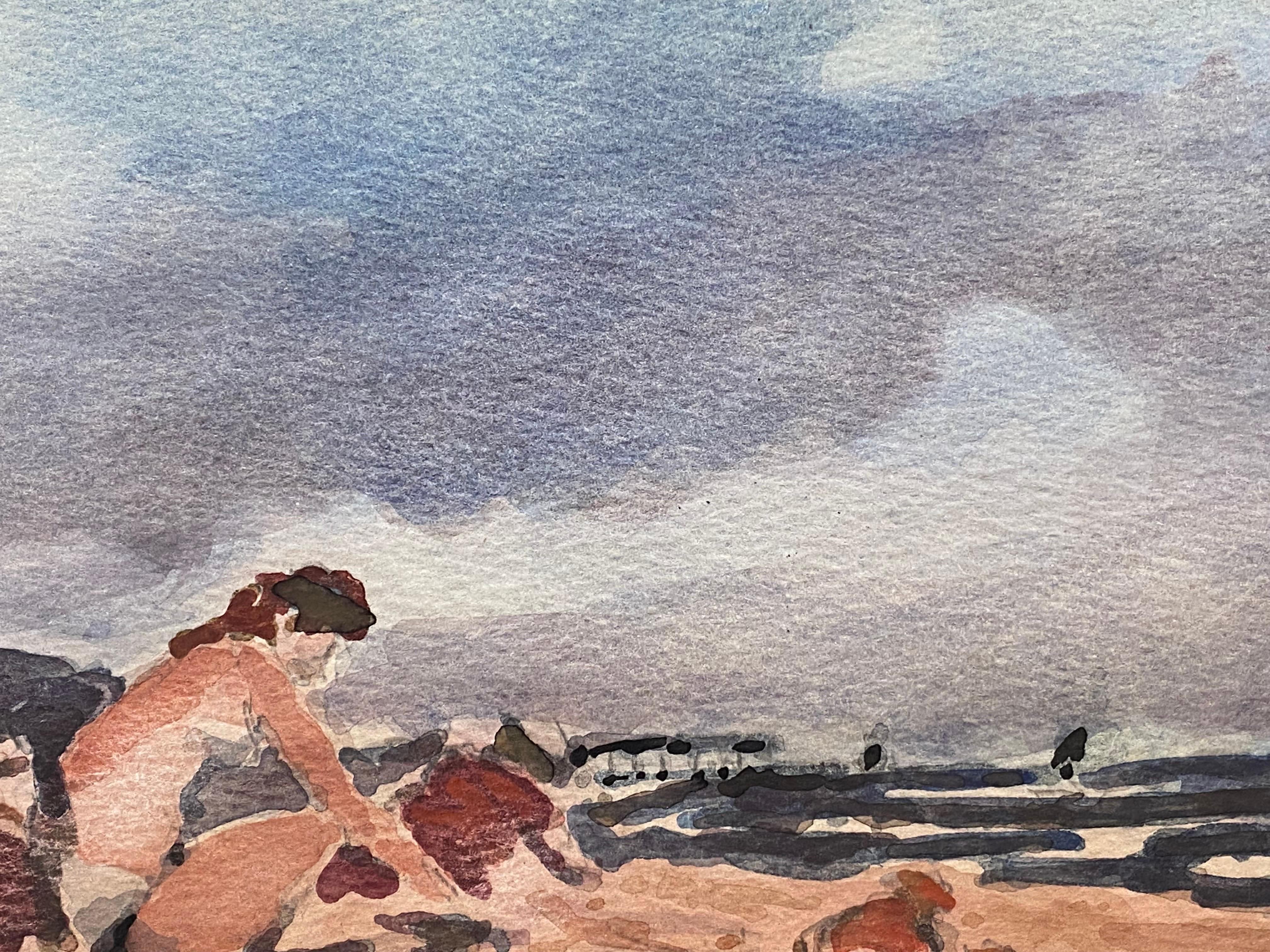 Autre Aquarelle signée de Maurice Mazeilie, impressionniste français, Figure sur plage nuageuse en vente