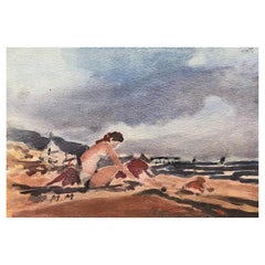 Maurice Mazeilie-French Impressionist, signiertes Aquarell, Figur am Wolkenkratzer Strand, Maurice Mazeilie