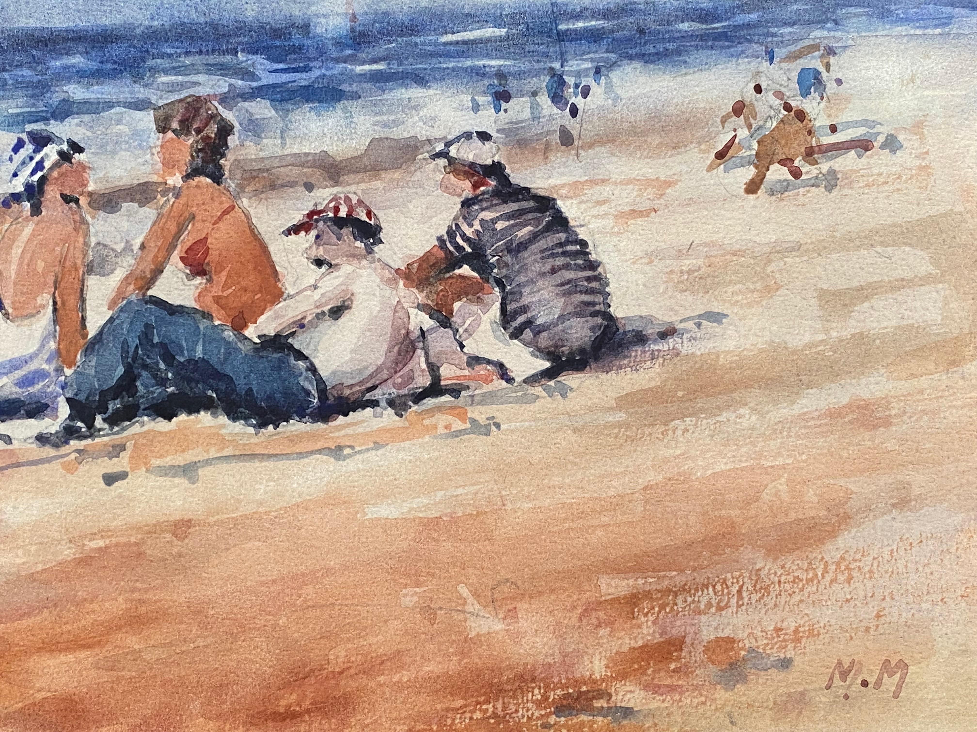 20th Century Maurice Mazeilie- French Impressionist Signed Watercolour - Figures at the Beach For Sale