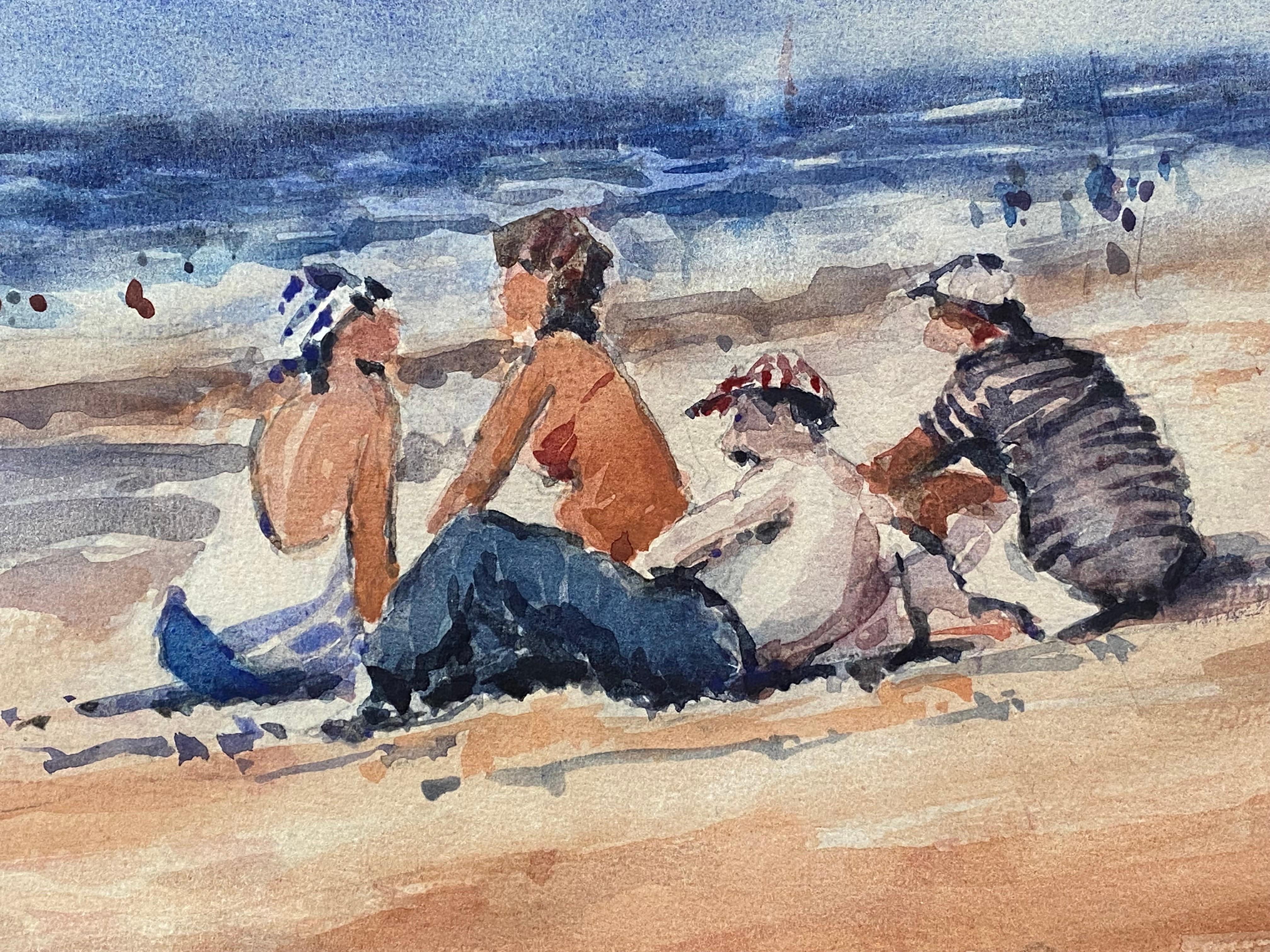 Other Maurice Mazeilie- French Impressionist Signed Watercolour - Figures at the Beach For Sale