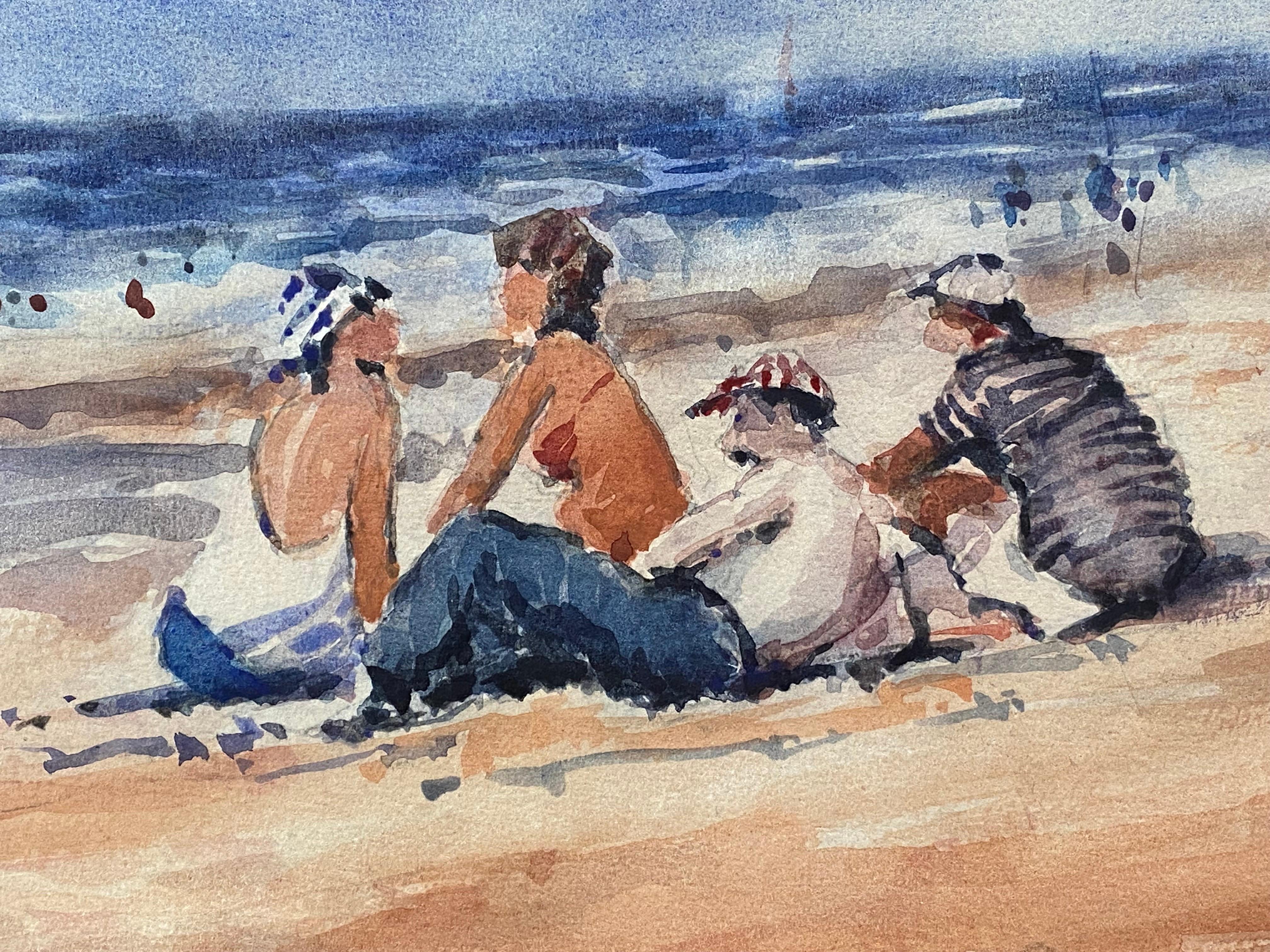 Autre Maurice Mazeilie - Aquarelle signée de l'impressionniste français - Figures à la plage en vente