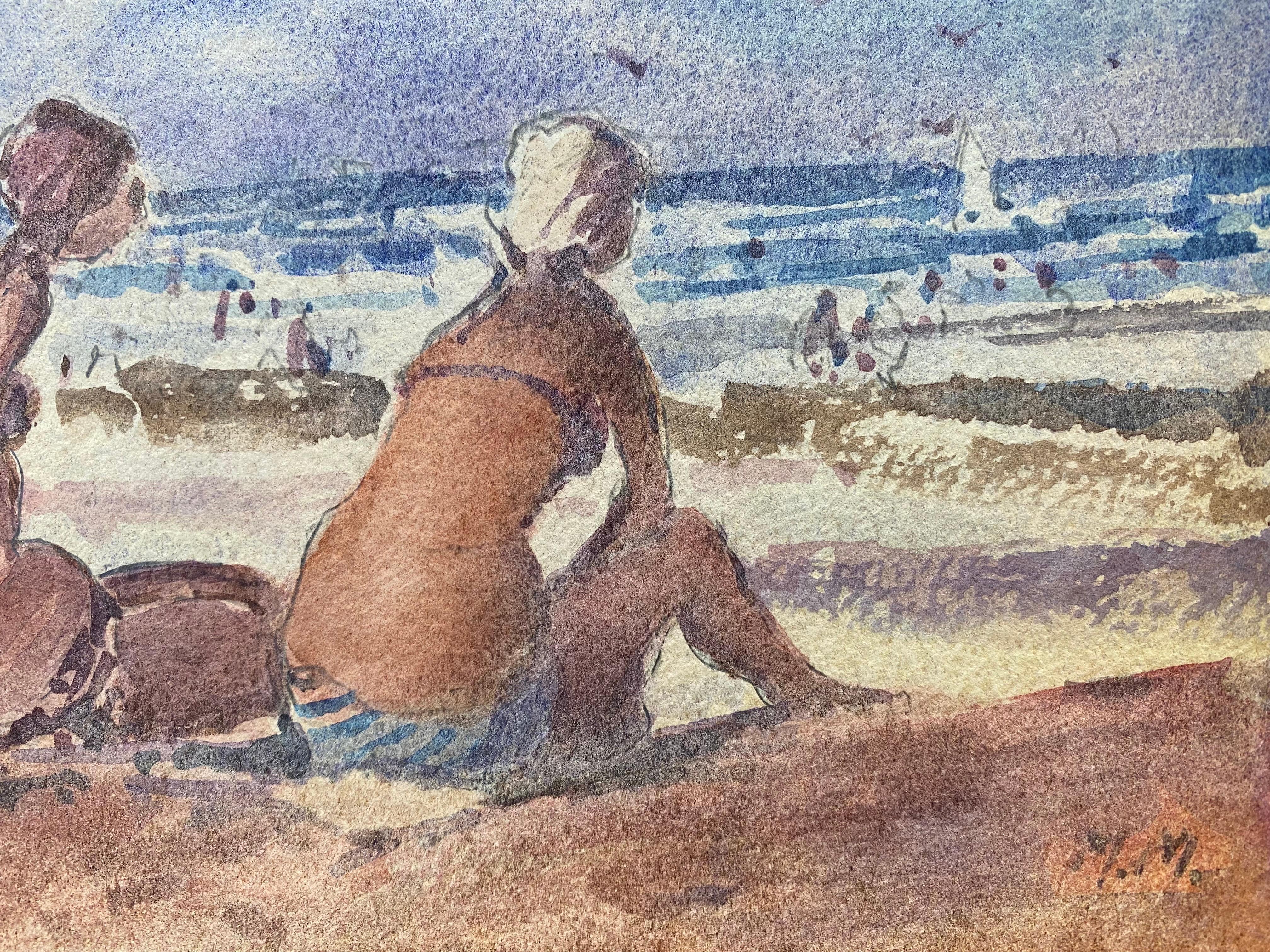Other Maurice Mazeilie- French Impressionist Signed Watercolour - Girls Sunbathing For Sale