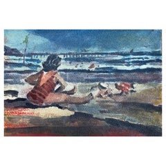 Signiertes Aquarell, Lady On The Beach, Französischer Impressionist, Mazeilie