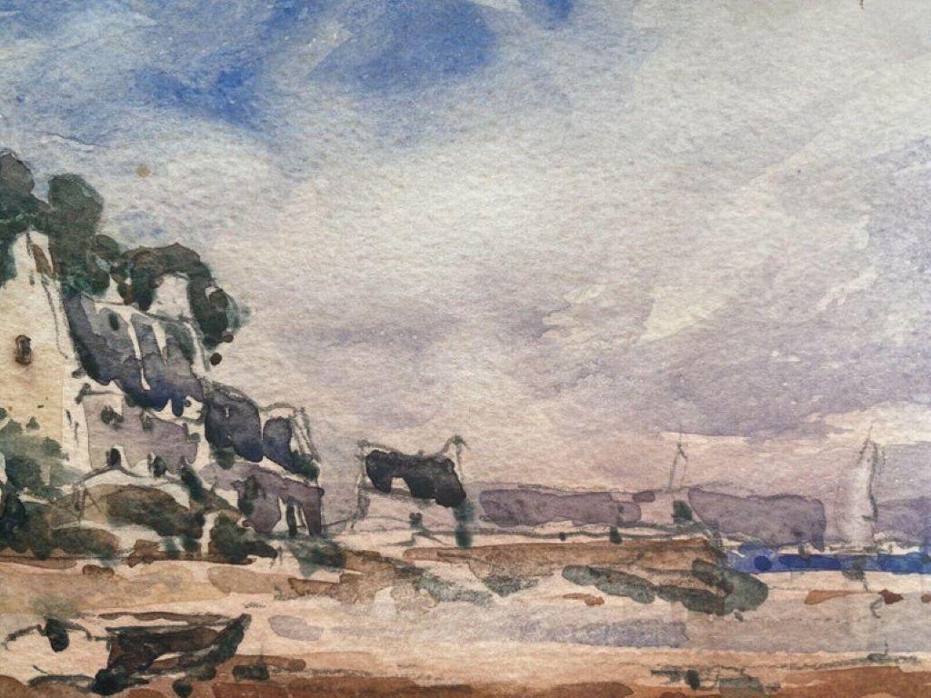 Mid-Century Modern Maurice Mazeilie, French Impressionist Watercolour, Beach Landscape For Sale