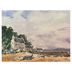 Maurice Mazeilie, acquerello impressionista francese, Paesaggio di spiaggia