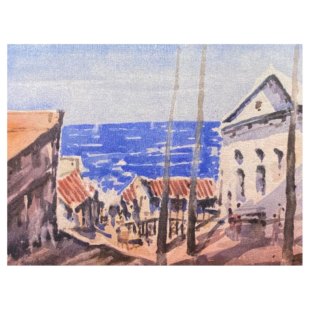 Maurice Mazeilie, Französisches impressionistisches Aquarell, Strandstadt