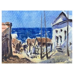 Französisches impressionistisches Aquarell, blaue französische Landschaft von Mazeilie