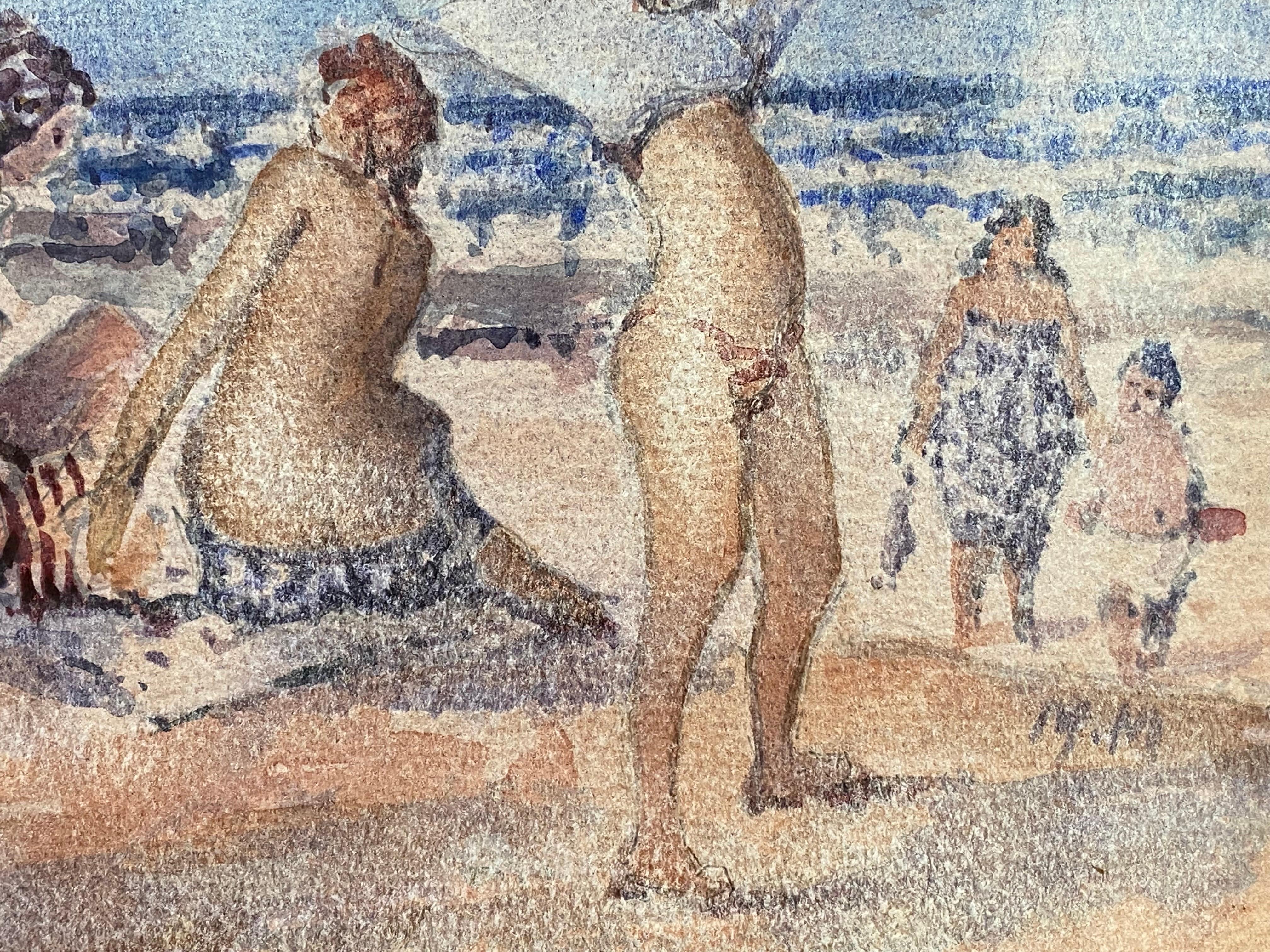 Aquarelle impressionniste française Maurice Mazeilie - Journée de plage pour filles Bon état - En vente à Cirencester, GB